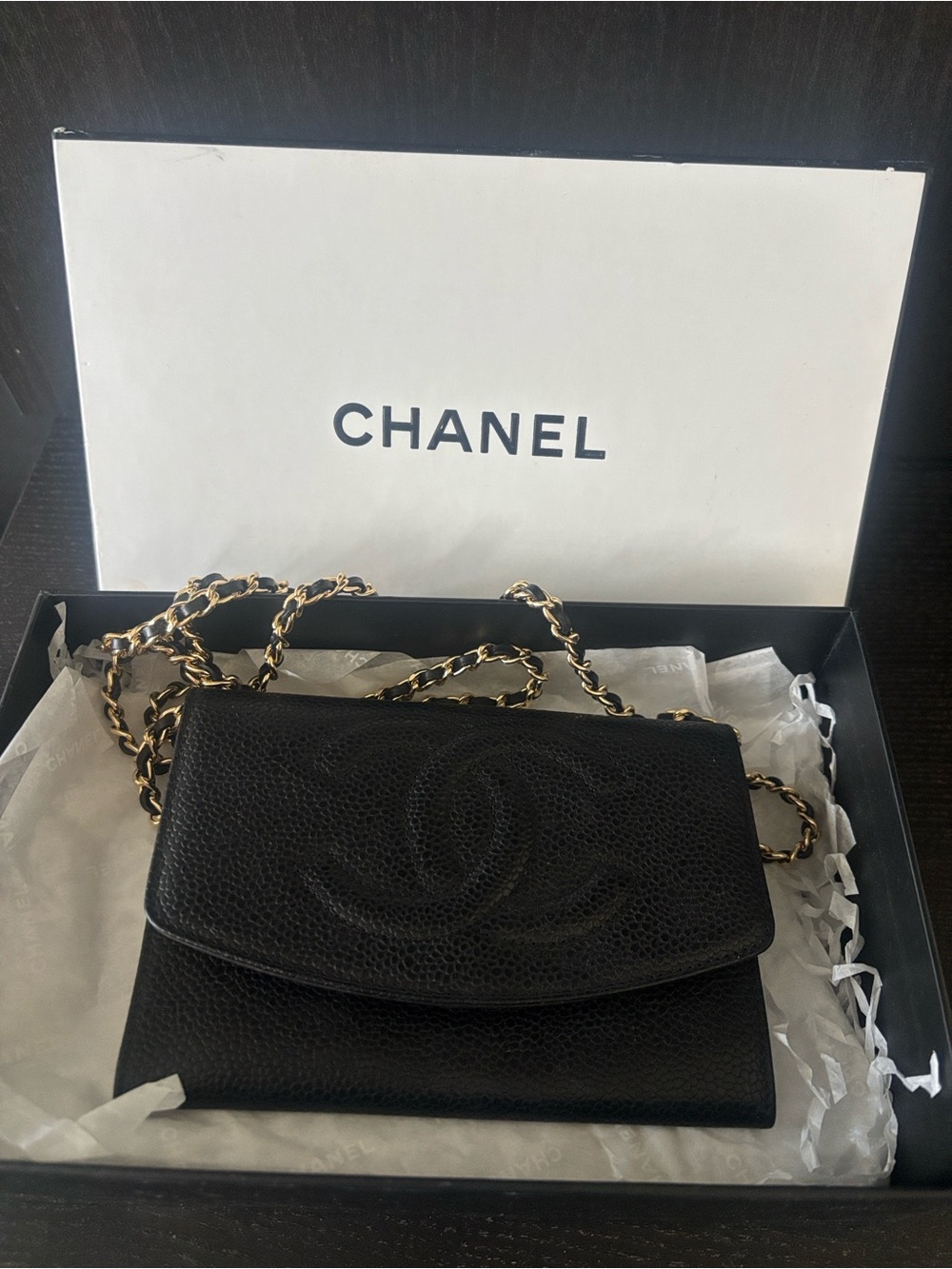 CHANEL Black Quilted Leather Chain Wallet on Chain